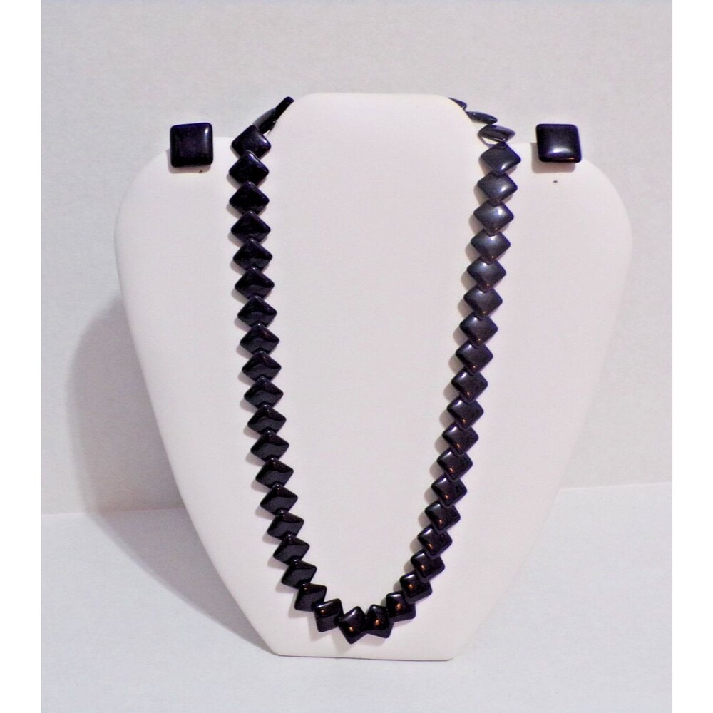 Vintage Trifari Black Square Lucite 20" Necklace  & Clip On Earrings Gold Plated